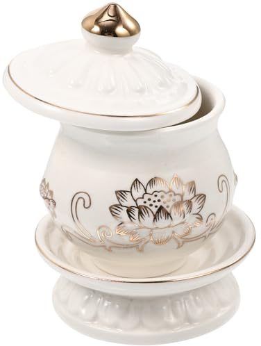 COLLBATH Coppa Offerta Acqua Buddista in Ceramica Bianca con Ciotola per Tempio e Ritualità Decorazione Elegante per Altare e Meditazione