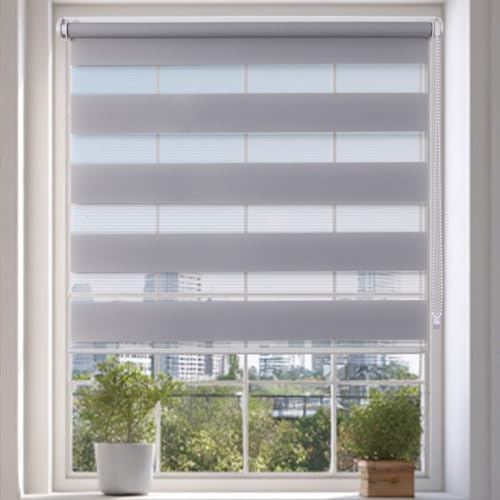 Day and Night Blinds Zebra Blinds No Drill Roller Blinds for Windows Blackout Stick On Self Adhesive Easy Fit Window Blind for Home Bathroom Bedroom Kitchen (Grey, 45W x 160H cm)