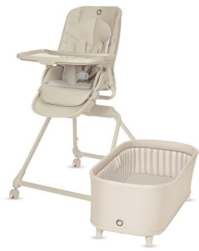 Lionelo Maddie Set 3-i-1: Barnstol från Födseln med Babysitter och Babysäng, Växer med Barnet, 360° Roterbar Sits, Justerbart Ryggstöd och Fotstöd, 5-punktssele, T25 Madrass, Hjul, 0–36 månader, Beige