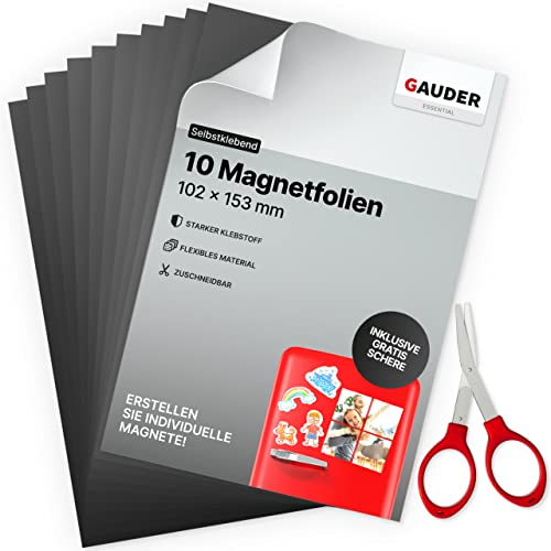 GAUDER Foglio Magnetico Autoadesivo - Pellicola Magnetica Ritagliabile per Foto, Fai-da-te e Cartelli - Magnete Adesivo per Casa, Scuola e Ufficio (10 pezzi - 153 x 102 mm)