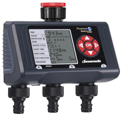 DEWENWILS Centralina irrigazione 3 vie, 4 Opzioni di Programmazione per vie, Timer Irrigazione Automatica, Ritardo della Pioggia/Modalità Manuale, Orologio da Giardino per Prati, Giardini