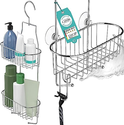 LAAKFELD Duschablage zum Hängen mit 3 Fach Anti-Rost Schutz inkl. gratis Rasierhalter, Saugnäpfe & Abstandsringe - Flexibler Duschkorb zum Hängen - Premium Duschregal ohne Bohren