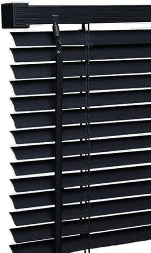 Ruby Deals PVC Venetian Blind Blinds Window 25mm Thin Slats Kitchen Window Blinds Treatments Easy Fit Curtains Trimmable Fittings Home Office(Black 150W x 150H cm)