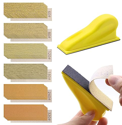 VIBRATITE Lot de 61 Feuilles de Papier Abrasif avec Bloc de Ponçage, Grain 60/80/120/180/240/320 Autoagrippant Patins Papier Abrasifs pour Ponçage et Polissage