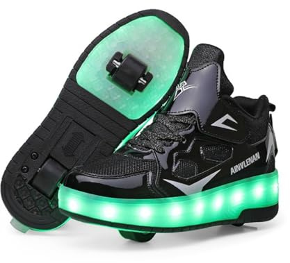HUSKSWARE Kinder Schuhe mit Rollen – LED Sneaker 2 Rollen, USB aufladbar, Farbwechsel Licht, Skateboard Schuhe Jungen Mädchen, Rollschuhe Sportlich, Schwarz Rosa Gold Silber Weiß, Größe 28–41 EU