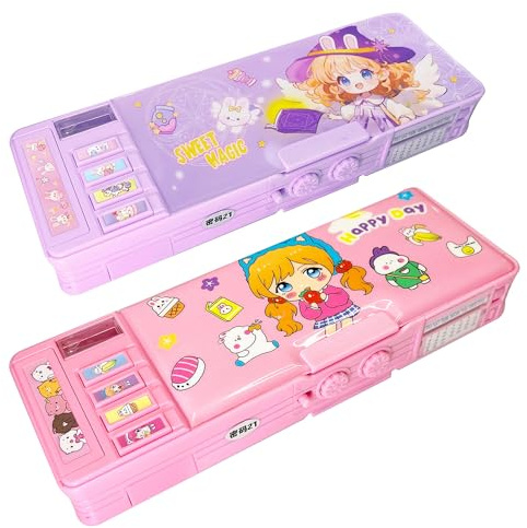 LilyBeauty Confezione da 2 astucci multifunzione pop-up per ragazze e ragazzi, Viola/Rosa, 25,4 x 8,9 x 3,6 cm, Astuccio