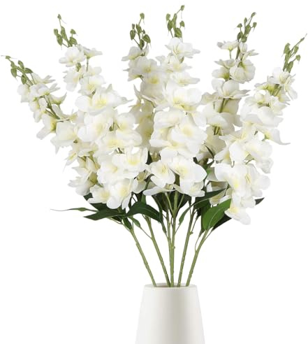 IPOPU Artificial Snapdragon Flowers,6PCS White Delphinium Flowers 33 Larkspur Artificial Flowers Long Stem Faux Flowers for Tall Vases Wedding Home Table Decor(White)