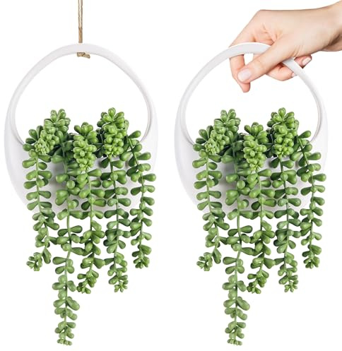 Der Rose 2 Pack Artificial Hanging Plants in White Pots for Boho Wall Decor