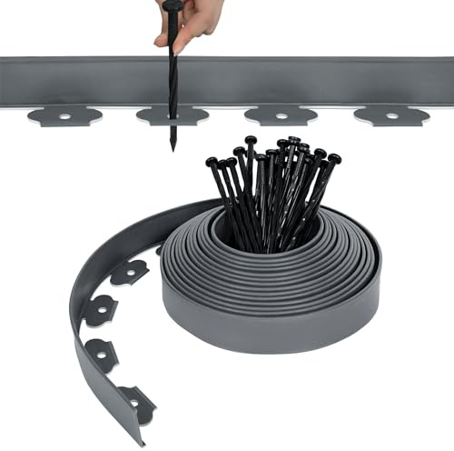 FIVMEN Rasenkante Beeteinfassung Kunststoff 10m Gartenumrandung Streifen Design Beetumrandung mit 30 Bodennägel Rasenkantenrollen, Flexible Schneidebar Gartenpalisade (Grau)