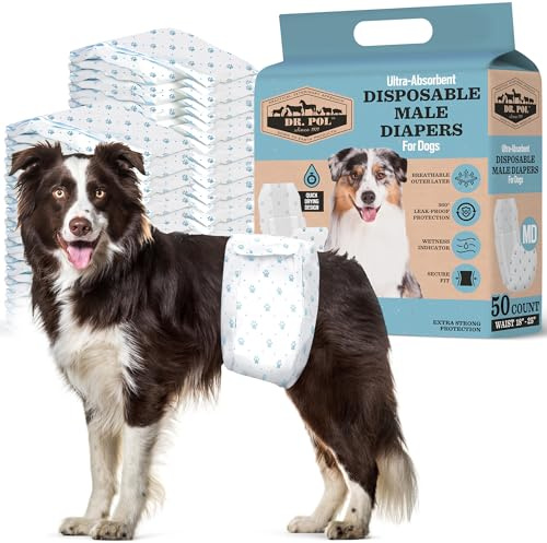 Dr Pol Dog Diapers for Male Dogs | Disposable Pet Diapers with Wetness Indicators | Adjustable Fit | Leak Protection & Super Absorbent | Perfect for Heat Cycles & Training Accidents | Pack of 50