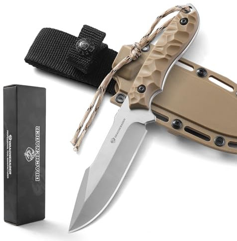 DRACHENADER Messer Outdoor B-ER-DROP POINT, Full Tang Gürtelmesser, Jagdmesser 12, 8 cm aus 5Cr14MoV Stahl, Outdoor Survival Messer mit Scheide, für Camping, Klinge Silber - ABS Griff Khaki