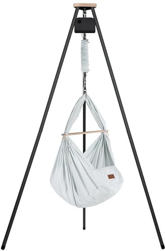 SCHMUSEWOLKE Federwiege Bio AirGrey mit Tipi Anthrazit und Anthrazit Motor - für Babys ab Geburt bis 15 kg - Federwiegen-Set mit Gestell und Motor - mit Kunstfasermatratze