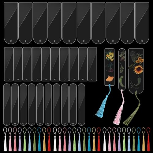 60 Stück Acryl Lesezeichen Rohlinge Set, 30 Blanko Transparente Lesezeichen 3 Formen mit 30 Bunten Quasten, Personalisierte Lesezeichen für DIY Basteln Geschenkanhänger Notizbuch Weihnachtsgeschenke