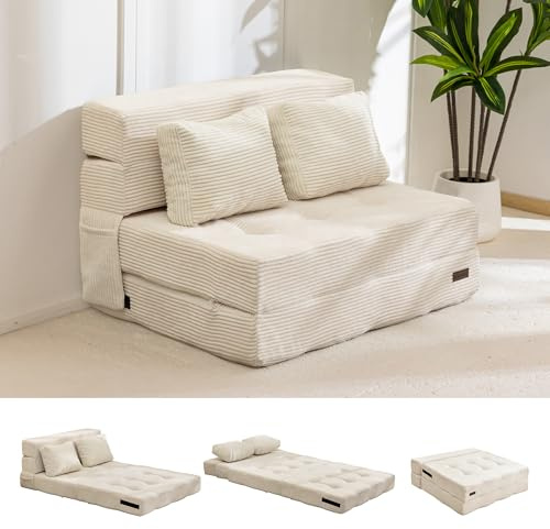 MAXYOYO Folding Foam Sofa Bed, Tri-Fold Mattress with 2 Pillows, Convertible Sofa Chair Futon Z Bed with 15cm Thincken Foam, Portable 3 in 1 Floor Couch