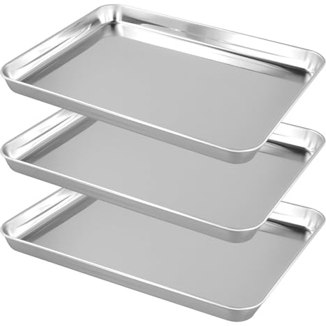 YUENPUN 3 Pack Stainless Steel Baking Trays, Non-Stick Large Baking Sheets Pans, Rectangle Oven Cooking Trays for Roasting Grilling Cookie