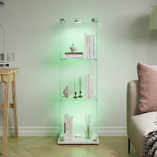 JYNVO Glass Display Cabinet with Lights, Vitrine aus gehärtetem Glas, Dreischichtige Glasvitrine, Abschließbare Glasvitrine, Vertikale Glasvitrinemit Holzsockel, Weiß