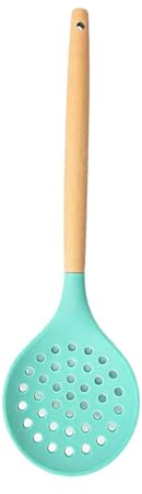 Silicone Skimmer Spoon, Non-Stick Silicone Slotted Skimmer Spoon, with Heat-Resisting Comfortable Wooden Handle, Durable Draining Spoon for Kitchen Cooking, Vegetables, Meat, 12.6 Inch(1pc, Green)