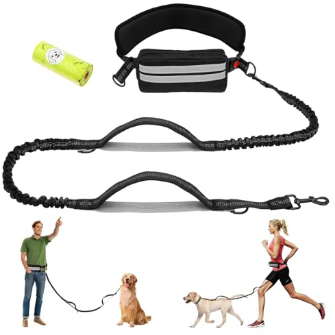 Guinzaglio da jogging per cani con cintura addominale, per cani, con cintura e impugnatura imbottita, per passeggiate, jogging, escursioni e corsa (nero)