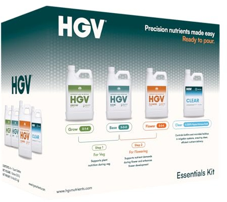 HGV Liquid Essentials Kit – Complete 4 Part Plant Nutrient Starter Pack | Base, Grow, Flower & Clear Formulas | All-in-One Hydroponic & Soil Fertilizer System | 4x32oz