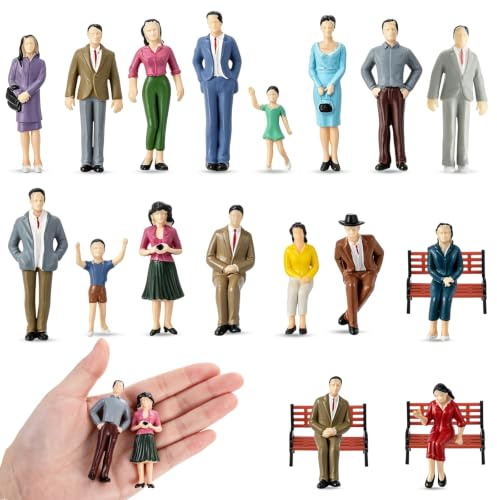 Namalu 17 PcsFigurines Miniatures Maquettes Set Comprend 14 Mini-Figurines Humaines Colorées 1:25 et 3 Bancs de Parc 1:30 Mini-Figurines en Plastique Modèles Assis et Debout pour Scènes