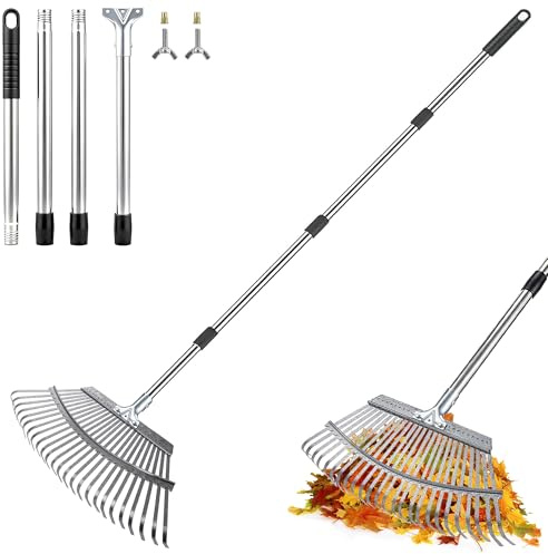 Leaf Rake, 18” Wide Metal Garden Leaf Rake with 158cm Adjustable Long Handle, 25 Metal Garden Rake for Gardening Gathering Leaves, Yards, Garbage, Weeds, Debris