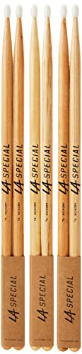 LA Specials Drum Sticks - Hickory 7A Drumsticks - Set for Acoustic or Electronic Drums - Oval Nylon Tip - Consistent Weight and Pitch - 3 Pairs