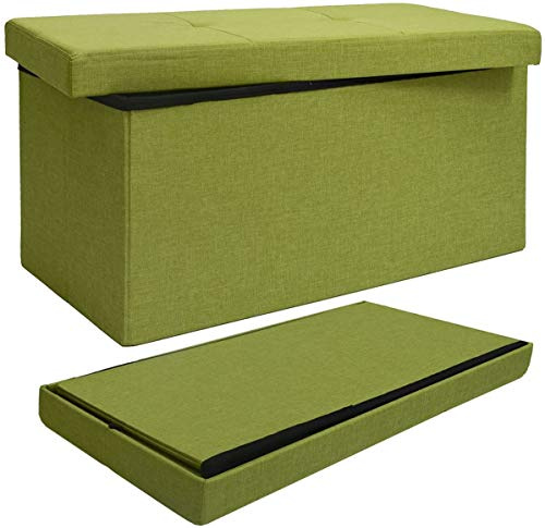 DuneDesign Faltbare Sitzbank 76x38x38cm Sitztruhe inkl Trennwand 80L Polsterbank Fußbank Ottomane Leinen-Optik Grün