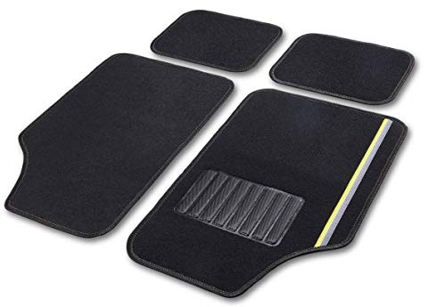 Cartrend 10602 Cartrend Universal Textilmatte Rally 4-teilig Teppich Matten Stoffmatten Autoteppiche Fussmatten Auto, mit gelben Dekorstreifen