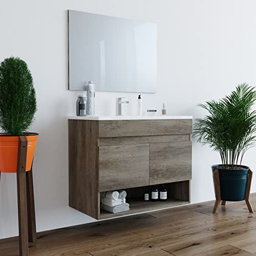 MarinelliGroup Mobile bagno 80 cm sospeso lavabo ceramica specchio 2 ante rovere 80 x 45 x 64 cm 305110H