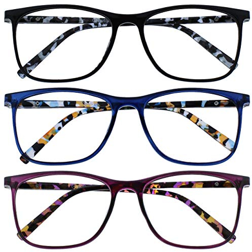 OPULIZE Arc Reading Glasses 3 Pack Stylish Slim Square Frame Spring Hinges Scratch Resistant Black Blue Purple Patterned Arms Mens Womens RRR66-135 +1.50