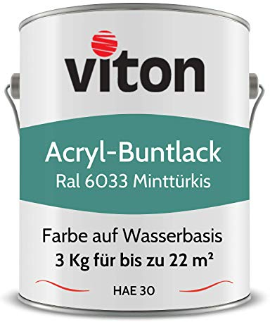 Viton Buntlack 3 kg Türkis - Seidenmatt - Wetterfest für Außen und Innen - 3in1 Grundierung & Lack - HAE 30 - Nachhaltige Farbe auf Wasserbasis für Holz, Metall & Stein - RAL 6033 Minttürkis