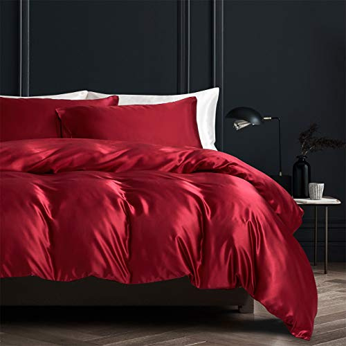 Damier Sängkläder 200 x 200 cm röd vinröd satin sängkläder set 3 delar enfärgad hög kvalitet satin påslakan med dragkedja och 2 örngott 80 × 80 cm