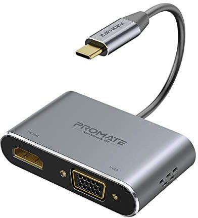 Promate MediaHub-C2, convertidor de Aluminio de Alta definición USB-C a VGA HDMI Adaptador 4K Ultra HD con 1080 VGA y compatibilidad con Pantalla Dual