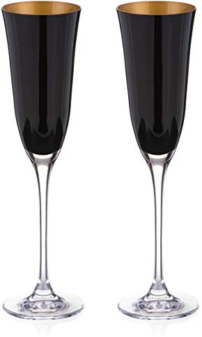 DIAMANTE Oro Black Champagne Flautas - Colección 'Oro Black' - Par de copas de champán de cristal negro/dorado