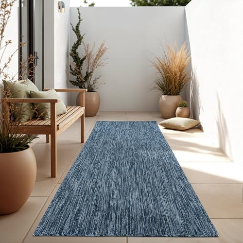 Paco Home Outdoor Teppich, Wetterfest Pflegeleicht Küchenteppich Ideal für Terrasse Balkon Garten, Flachgewebe Sisaloptik Modern Einfarbig meliert, 80x250 cm Läufer, Blau