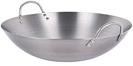 WRMIGN Padella da cucina Wok non rivestita, grande professionale con manico in acciaio, wok multiuso, 32, 60 cm, padella 38 cm