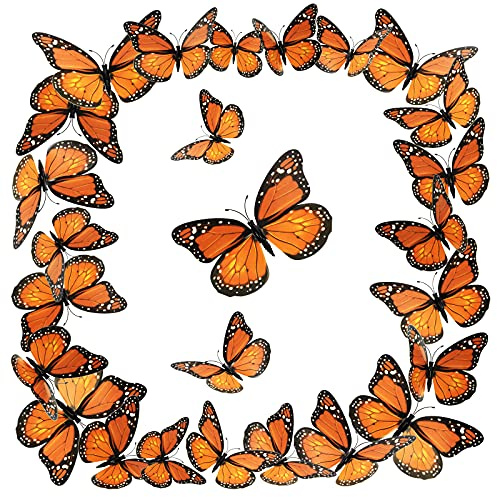 Monarch Butterfly Decoration 3D Halloween Butterfly Wall Decor Halloween Orange Fake Monarch Butterflies Realistic Artificial Wall Decal for Home Craft Day of The Dead Party Favor(48 Pieces,2.99 Inch)
