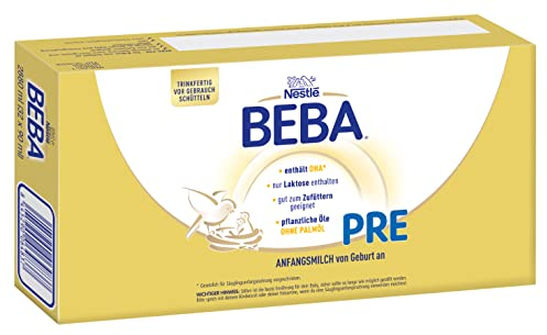 BEBA PRE - Anfangsmilch von Geburt an, Nur Laktose, Ohne Palmöl, Ohne Fischöl, Trinkfertig, Portionsflaschen, 32er Pack (32 x 90ml)