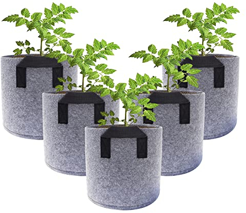 Kartoffel Pflanzsack, Pflanzsäcke Für Draussen Und Drinnen, Pflanzbeutel Vlies, Kartoffel Pflanztopf Set, Pflanztasche Filz Klein Für Tomaten Gurke Möhren Salat 5 Stuck (2 Gallonen, grau mit griff)