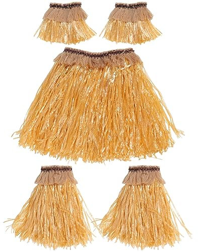 Abaodam Lot de 5 Jupes hawaïennes pour Adultes avec Bandes de Bras et de Jambes pour Performance de Danse, décorations de fête, Fournitures (Couleur Paille)