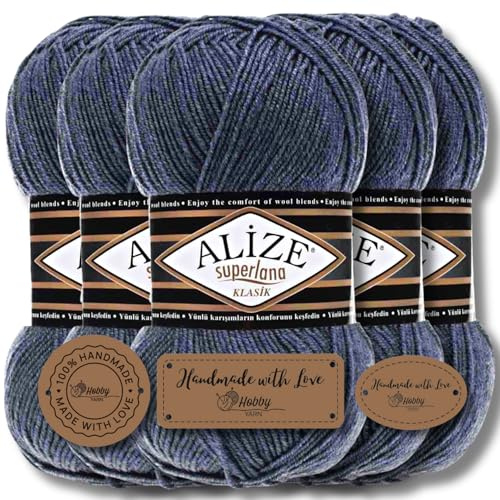 Hobby YARN 3x Etikettenlabel mit Alize Superlana Klasik Wolle Premium 5x100g als Set, Yarn, Garn, Strickgarn, Einfarbig, Baby, zum Häkeln, Stricken, Kleidung, Schals (Denim Melange - 203)
