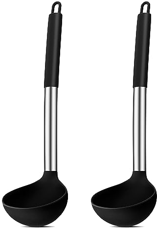 Suppenkelle, Joyfair 2-teiliges Silikon Schöpfkelle Set, Hitzebeständigkeit Schöpflöffel mit Griff aus Edelstahl, 30cm Groß Soßenlöffel zum Kochen/Rühren/Servieren, Gesund & Antihaft - Schwarz