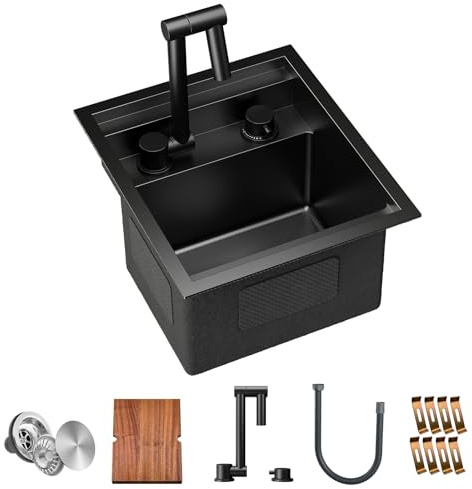 TORVA RV Kitchen Sink, 13 x 15 x 9 Inch Undermount Bar Sink Premium Stainless Steel Single Bowl Sink with Faucet,Cutting Board, Dark Grey