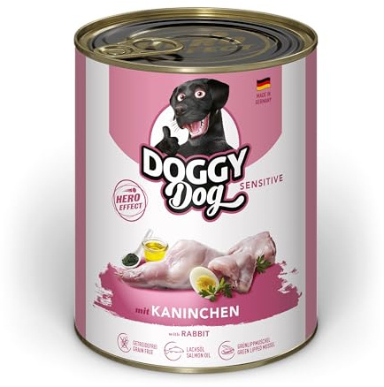 DOGGY Dog Paté Kanin Sensitive, 6 x 800 g, våtfoder för hundar, spannmålsfritt hundfoder med laxolja och grönläppskal, särskilt väl tolererat helfoder, tillverkad i Tyskland