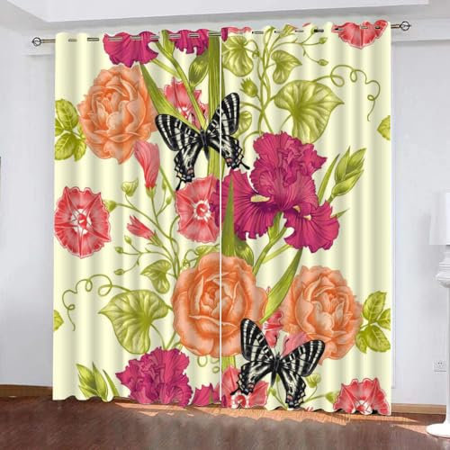 VULORA Kindervorhänge 3D Schmetterling Blickdichte Gardinen Blumen Natur Verdunkelungsvorhang mit Ösen für Jungen Mädchen Schlafzimmer Wohnzimmer Thermo Vorhänge 100x95cm(BxH), 2er Set