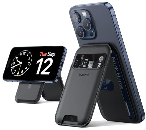 Lamicall Handy Kartenhalter für MagSafe Wallet - Ultra Leichter Vegan Leder Verstellbarer Ständer, Karten Halter mit 3 Kartenfächer, Magnetischer Wallet Halter für iPhone 16 15 14 13 12 Pro Max Plus