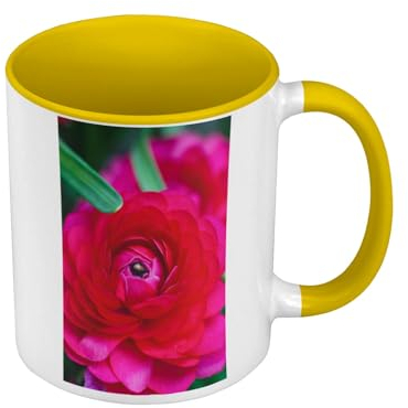 Tasse Farbe Premium Qualität Gelb – Dahlie Rose von oben gesehen Blume Rose Natur Pflanze – Tasse mit Henkel und farbigem Innenfutter