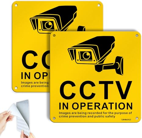 SINMAO CCTV In Operation Sticker Aluminum Sign 150mm x 150mm Back Self-Adhesive Pre Drilled Warning Decal for Window Door Business Office Safety Security 2 Pack