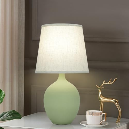 Mengjay Tischlampe Vintage,Keramik Tischleuchte,Wohnzimmer Moderne E27 Tischleuchte mit Stoffschirm,Leselicht,Schlafzimmer Nachtlicht,Retro Nachttischlampe Deko für Kinderzimmer Schlafzimmer (Grün)