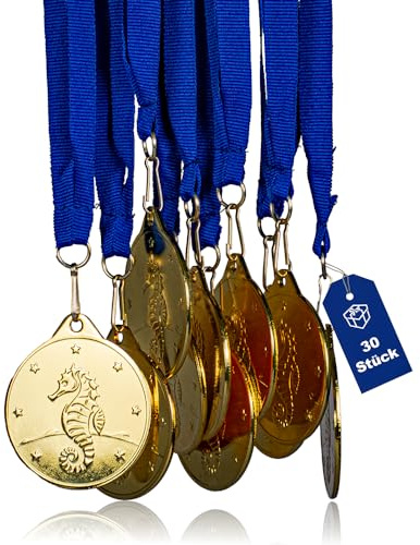 Pokal-Fabrik - Seepferdchen-Medaillen 10er Set Metall - Seepferdchenmedaille golden zum Umhängen für Siegerehrungen - Schwimmabzeichen Gold - Medaillen Kinder mit blauem Band für Vereine & Turniere